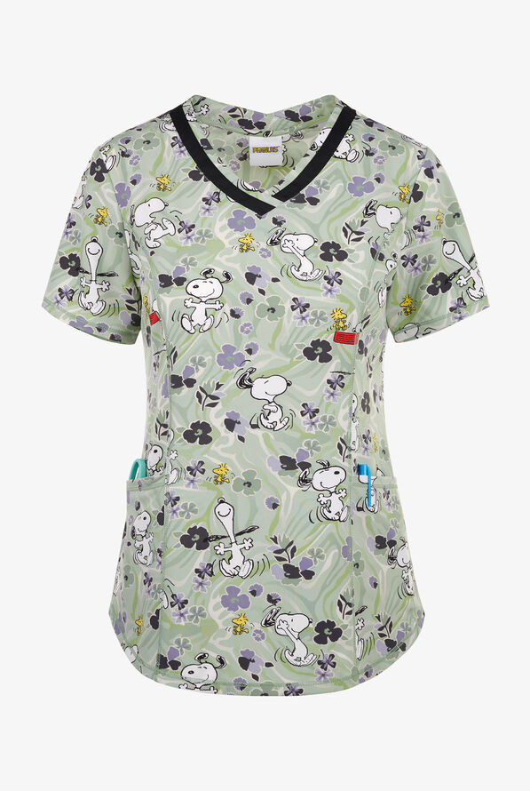 Tooniforms Peanuts Moves Like Snoopy Women's 4-Pocket STRETCH V-Neck Print Scrub Top - null - 1
