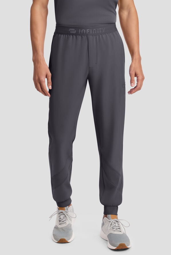 Infinity GNR8 Men's 5-Pocket STRETCH Logo Waistband Rib-Knit Trim Cargo Jogger Scrub Pant - Pewter - 1