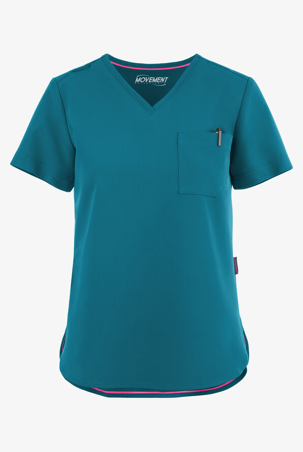 MOVEMENT by Butter-Soft Ceti Women's 1-Pocket V-Neck Tuck-In STRETCH Scrub Top - Caribbean Blue - 1