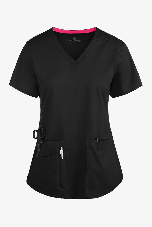 Med Couture Touch Women's 3-Pocket STRETCH Rib-Knit Side Panels Shirttail V- Neck Scrub Top - Black - 1
