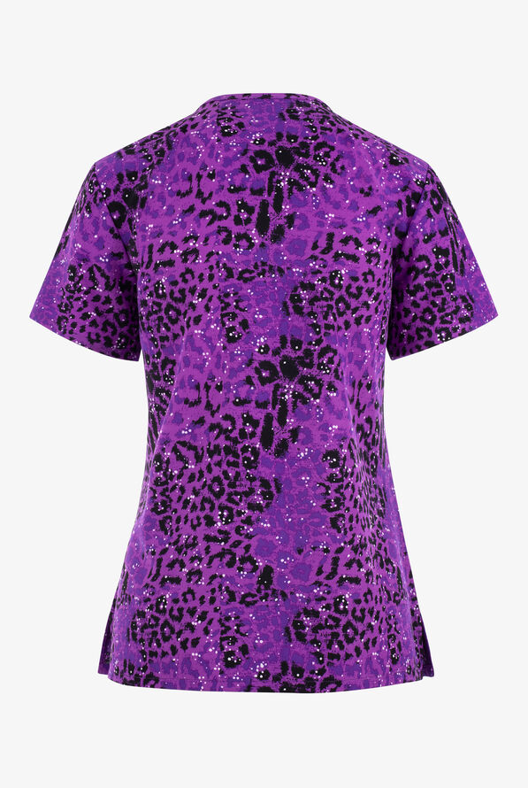 Green Town Spotted Animal Print Women's 3-Pocket STRETCH V-Neck Print Scrub Top - null - 2