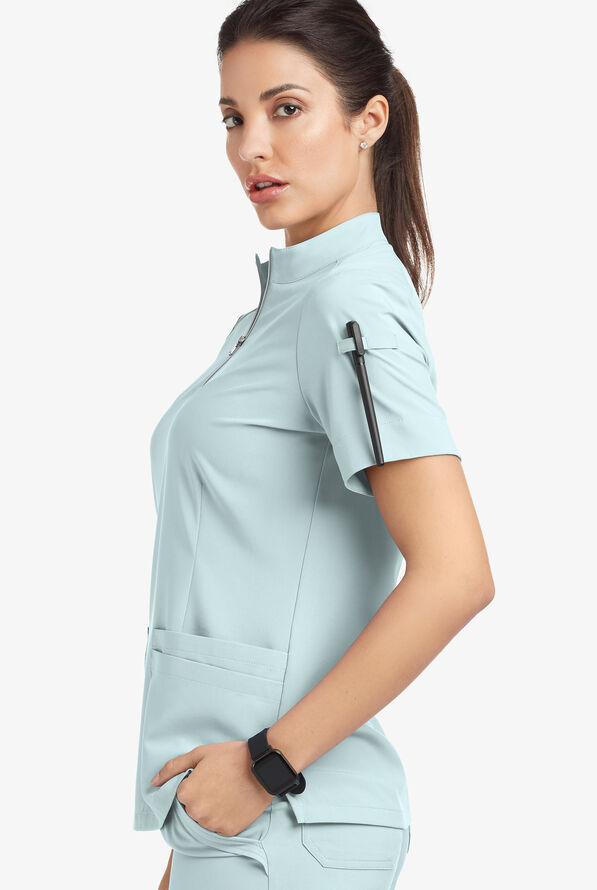 Blusa médica Easy STRETCH Jen con cremallera en el cuello y 4 bolsillos para mujer - Ocean Mist - 5