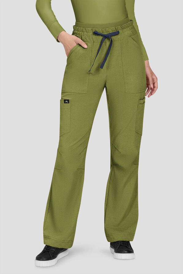 koi Solis Freda Women's 8-Pocket STRETCH Rib-Knit Double Waist Straight Leg Cargo Scrub Pant - Martini Olive - 1