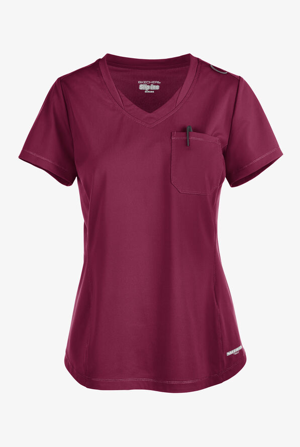 Skechers by Barco Slip-ins Flow Women's 1-Pocket STRETCH Tulip Hem Tuck In V-Neck Scrub Top - Wine - 1