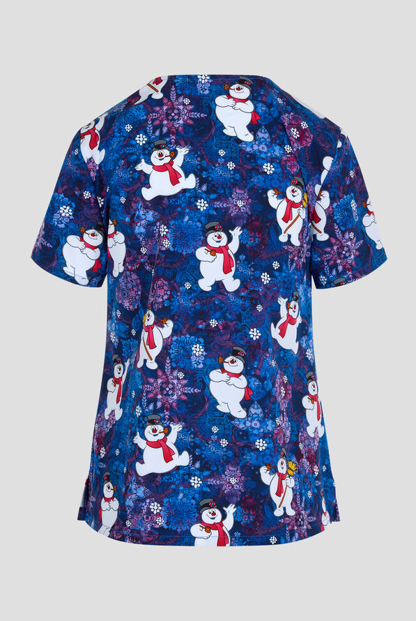 Tooniforms Frosty Snowman Chilly Tiles Women's 2-Pocket STRETCH V-Neck Print Scrub Top - null - 2
