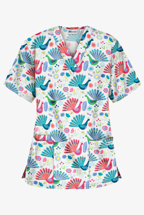 UA Best Buy Fabulous Peacocks White Printed Women's 3-Pocket V-Neck Scrub Top - null - 1
