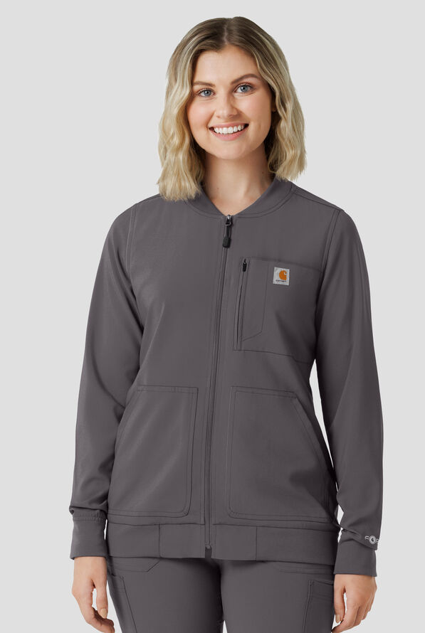 Carhartt Force Cross-Flex Rugged Flex Women's 6-Pocket Rib Trim Lightweight Zip Bomber Scrub Jacket - Pewter - 3