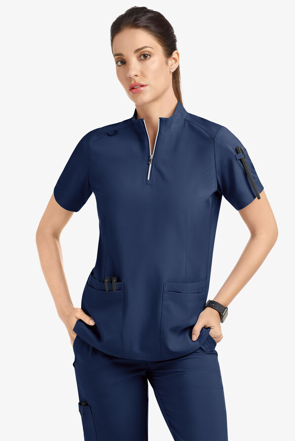 Easy STRETCH Jen Women's 4-Pocket Zip-Neck Short Sleeve Scrub Top - Navy - 8