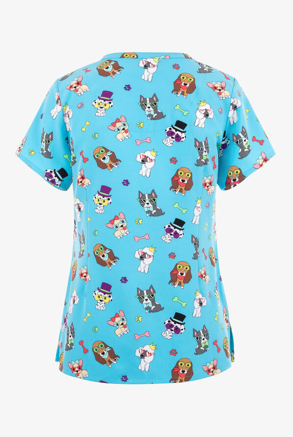 Maevn Cool Dogs Veterinary Women's 3-Pocket STRETCH V-Neck Print Scrub Top - null - 2