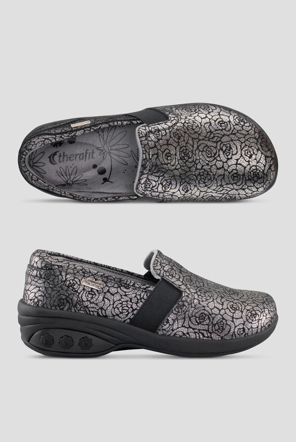 Therafit Women's Annie Pewter Floral Leather Slip Resistant Slip On Shoe - null - 1