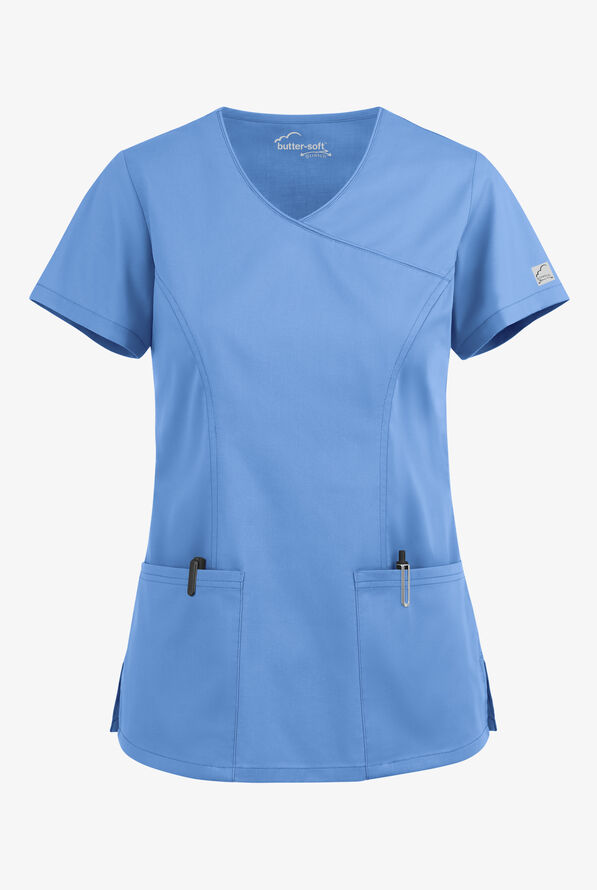 Butter-Soft STRETCH Women's 3-Pocket V-Neck Mock Wrap Scrub Top - Ceil Blue - 1