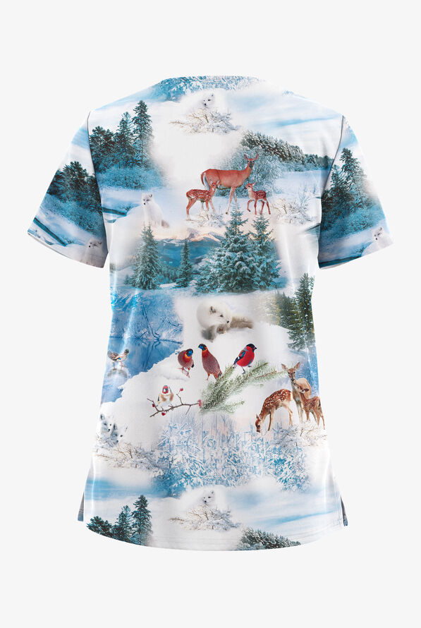 Easy STRETCH Aspen Wonderland Hunter Women's 2-Pocket V-Neck Print Scrub Top - null - 2