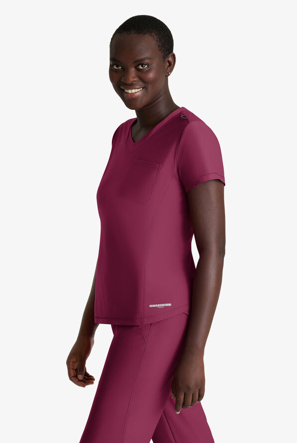 Skechers by Barco Slip-ins Flow Women's 1-Pocket STRETCH Tulip Hem Tuck In V-Neck Scrub Top - Wine - 4