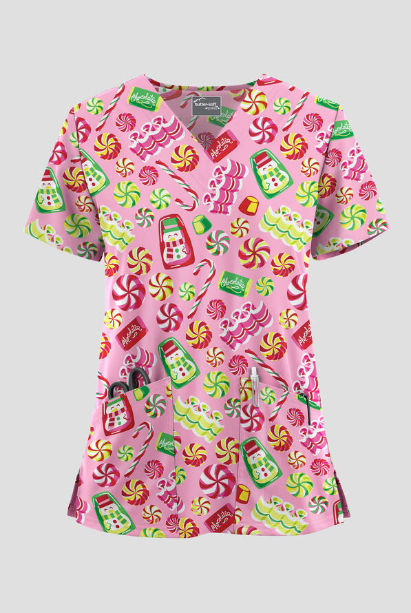 Butter-Soft STRETCH Candyland Fuchsia Women's 2-Pocket V-Neck Print Scrub Top - null - 1
