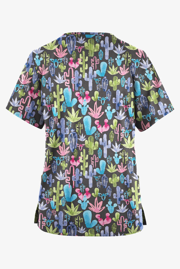 Butter-Soft Originals Desert Cactus Pewter Women's 2-Pocket Classic Fit V-Neck Print Scrub Top - null - 2
