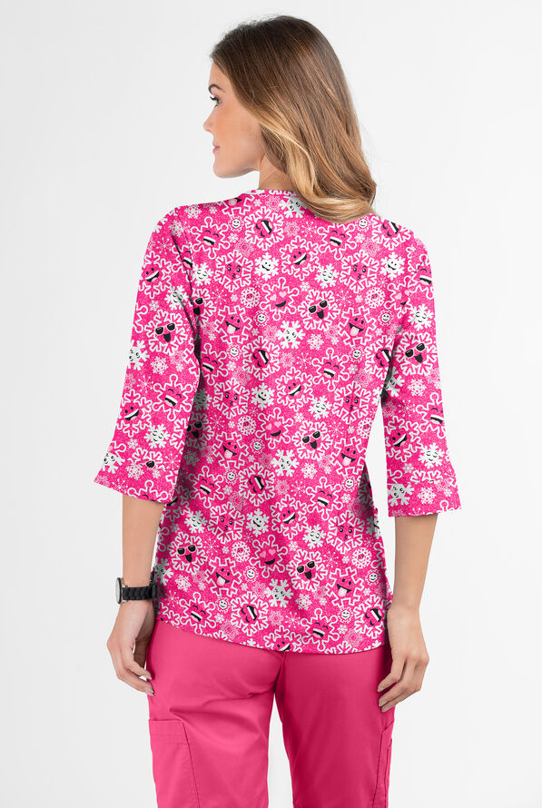 Butter-Soft Smiling Snowflakes Fuchsia Women's 2-Pocket Round Neckline Print Scrub Top - null - 3
