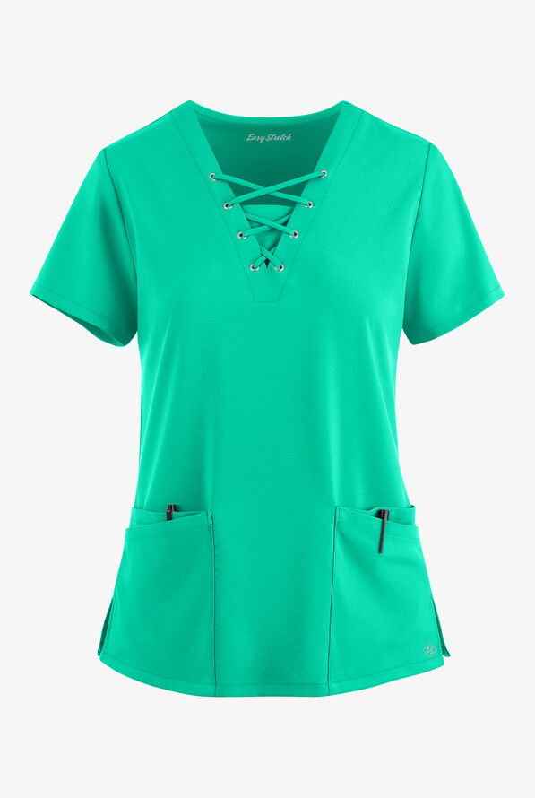 Easy STRETCH Gisele Women's 4-Pocket Lace Up V-Neck Scrub Top - Dynasty Green - 1