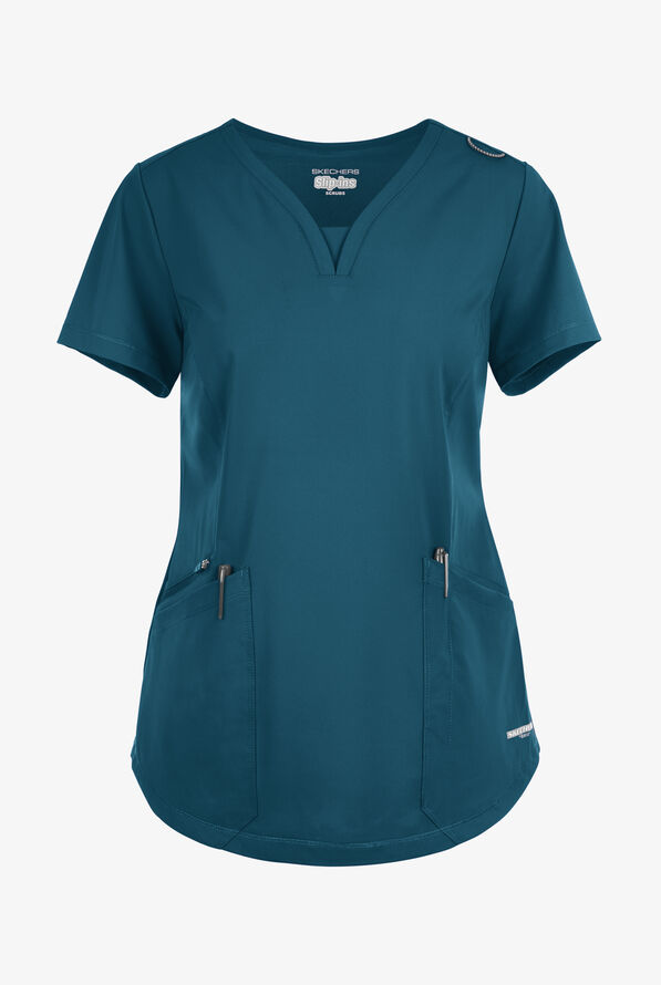 Skechers by Barco Slip-ins Serene Women's 3-Pocket STRETCH Gusset V-Neck Scrub Top - Bahama Blue - 1