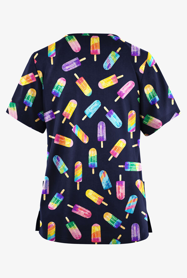 Butter-Soft Originals Rainbow Pops Navy Women's 2- Pocket V-Neck Print Scrub Top - null - 2