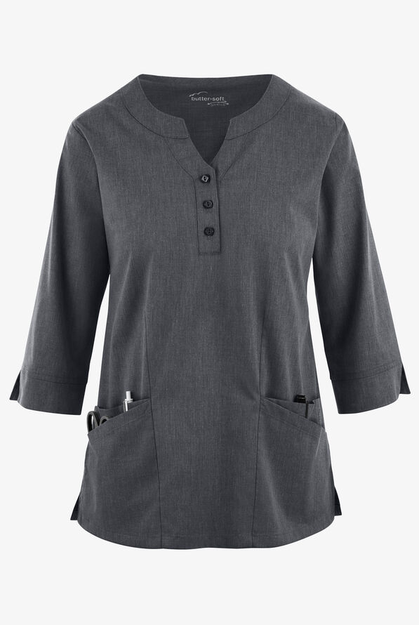 Butter-Soft STRETCH Women's 4-Pocket 3/4" Sleeve Round Neck Scrub Top - Heather Charcoal - 1