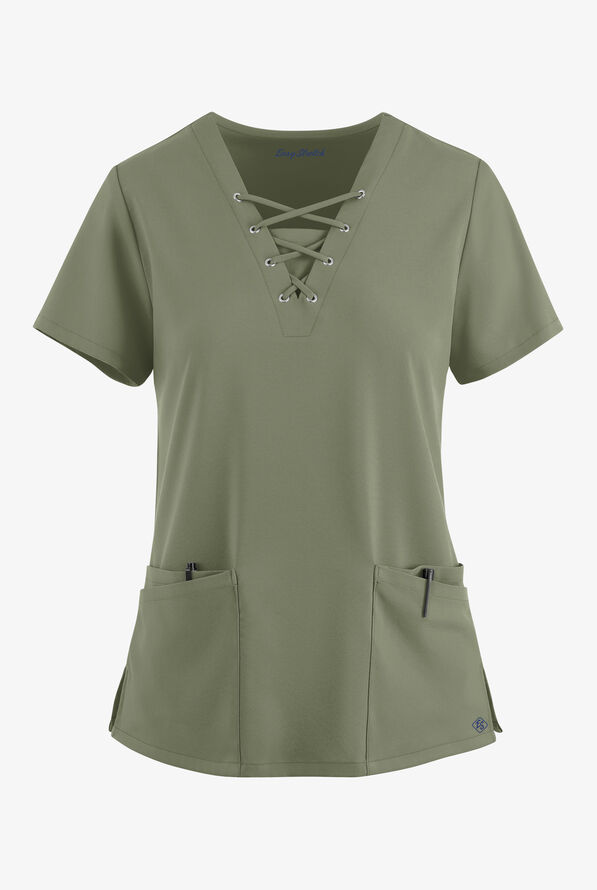 Easy STRETCH Gisele Women's 4-Pocket Lace Up V-Neck Scrub Top - Olive Leaf - 1