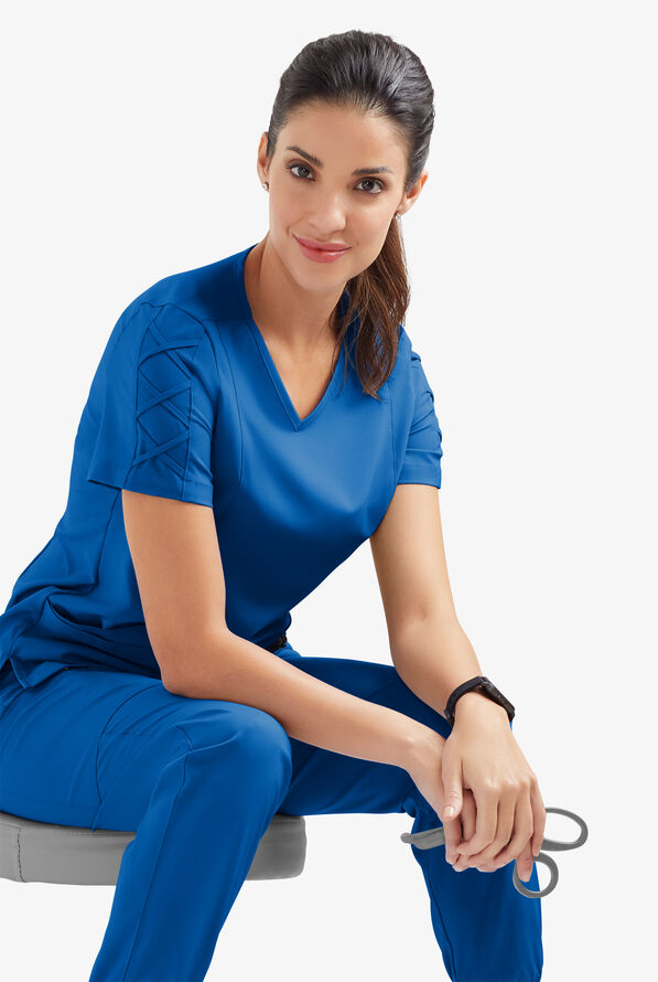 Easy STRETCH Kylie Woman's 5 Pocket V-Neck With Criss-Cross Detail Scrub Top - Royal - 5
