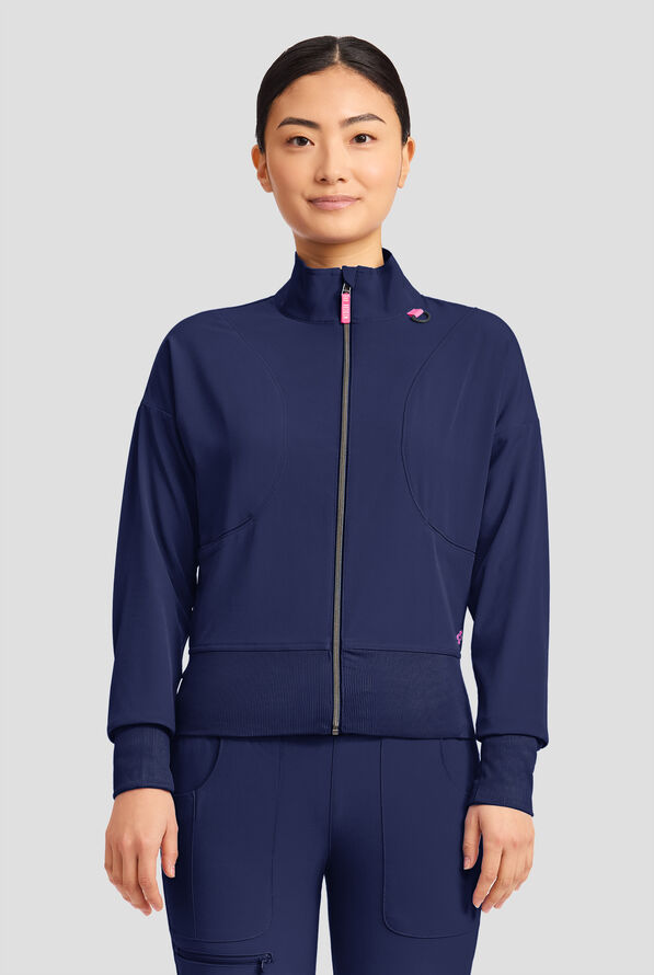 Med Couture Amp Women's 2-Pocket STRETCH Zip Front Warm Up Scrub Jacket - Navy - 2