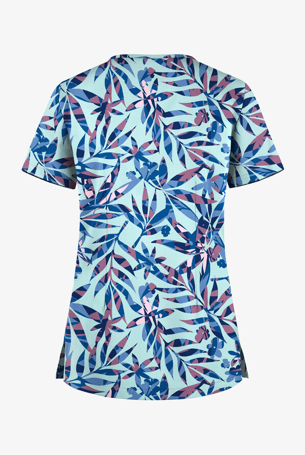 Butter-Soft STRETCH Dreamy Fronds Serene Breeze Women's 1-Pocket Tuck-In V-Neck Print Scrub Top - null - 2