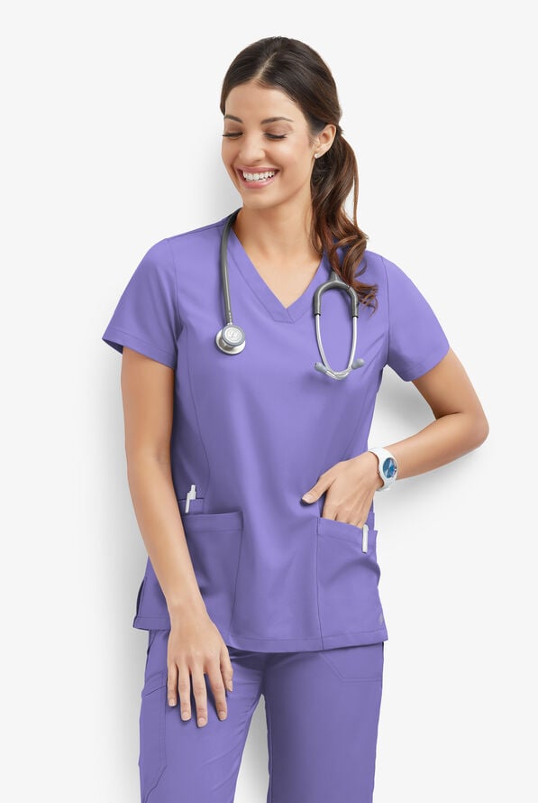 Easy STRETCH Zoe Women's 4-Pocket V-Neck Scrub Top - Blueberry Crush - 1
