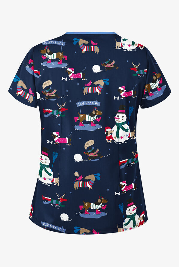 Butter-Soft Holiday Fun Navy Women's 4-Pocket Princess Seam Printed Scrub Top - null - 2