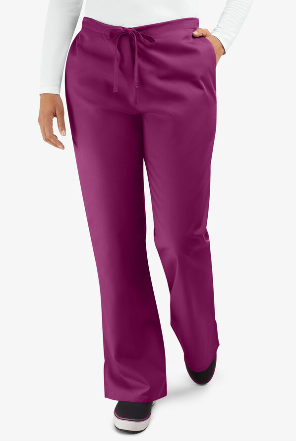 Cherokee Workwear Women's 3-Pocket Flare Leg Drawstring Scrub Pants - Petite - Wine - 1