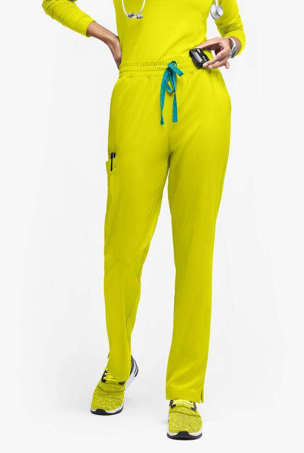 Easy STRETCH Naya Women’s Natural Waist 6-Pocket Straight Leg Scrub Pants - Petite - Cyber Lime/Teal - 1