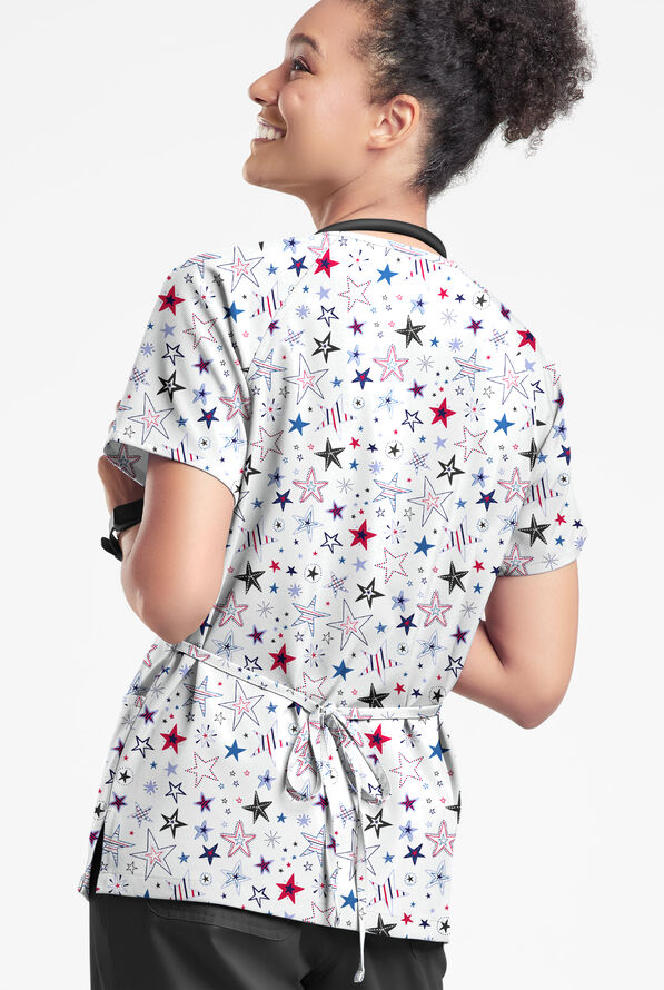 Happy Scrubs Summer Starburst Women's 3-Pocket Mock Wrap With Ties Print Scrub Top - null - 3