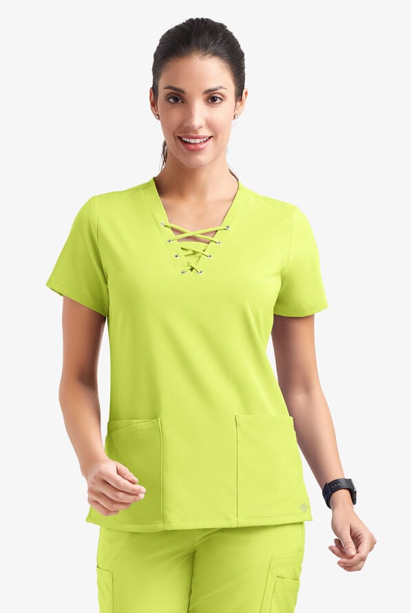Easy STRETCH Gisele Women's 4-Pocket Lace Up V-Neck Scrub Top - Fresh Lime - 2
