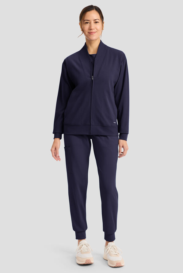 Cherokee Achieve Women's 2-Pocket STRETCH Zip Front Collar Knit Scrub Jacket - Navy - 3