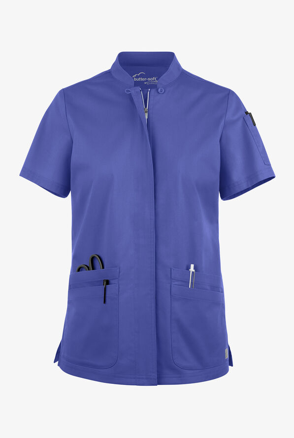 Butter-Soft STRETCH Women's 6-Pocket Collar Neck Zip Front Scrub Top - Amparo Blue - 1