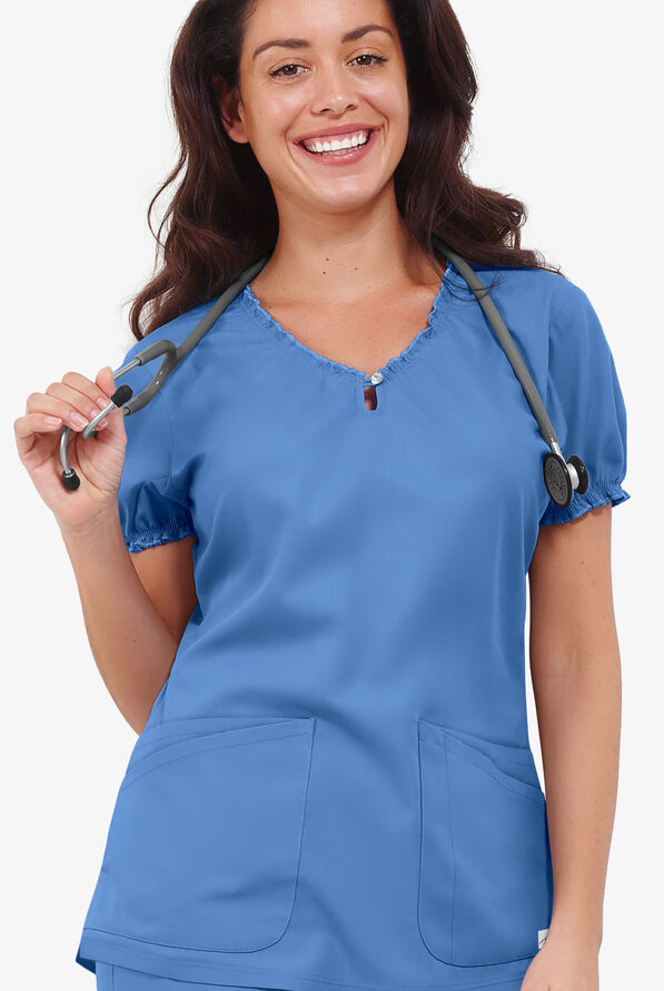Butter-Soft Scrubs Women's 4-Pocket w/ Rhinestone Detail Keyhole Neck Scrub Top - Ceil Blue - 3