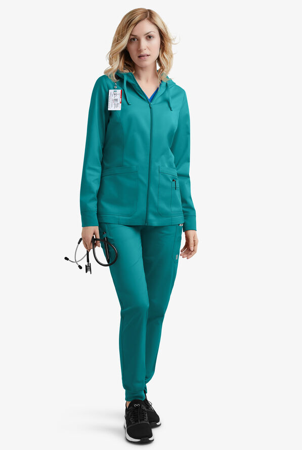 Butter-Soft STRETCH Women's 3-Pocket Zip-Front with Cozy Knit Hood and Trim Scrub Jacket - Teal - 2