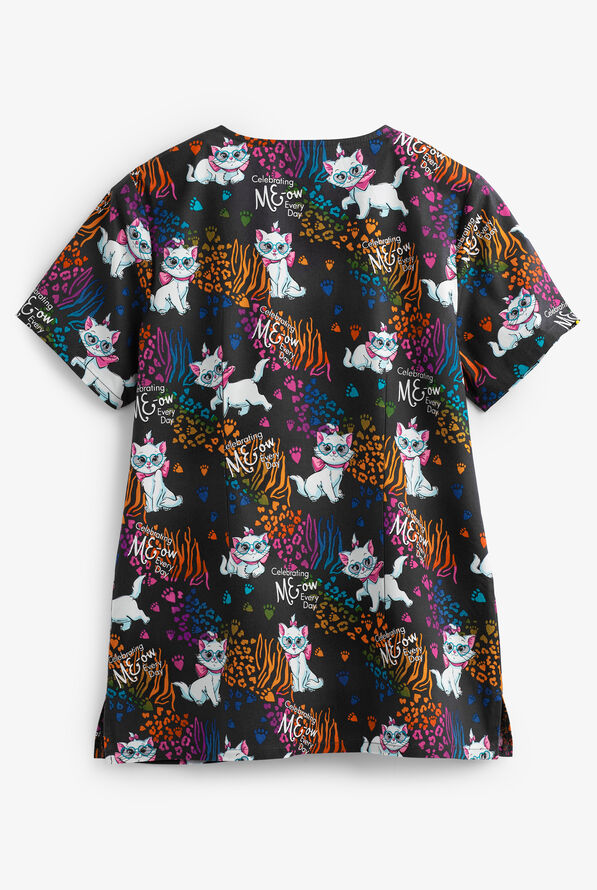 Cherokee Tooniforms Disney Celebrating Meow Women's 2-Pocket V-Neck Print Scrub Top - null - 2