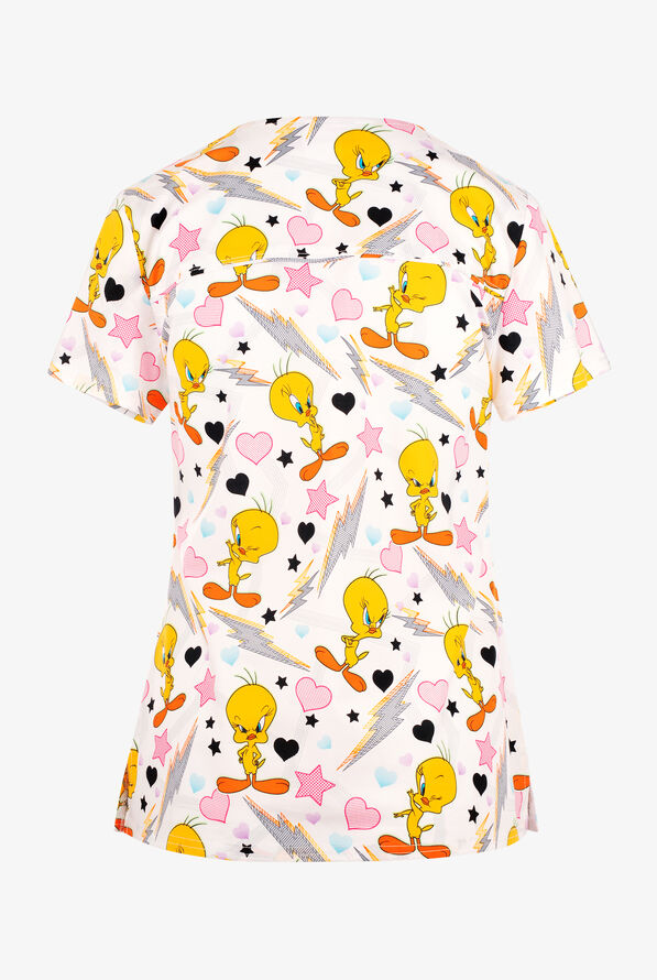 Tooniforms Looney Tunes Electric Tweety Women's 2-Pocket STRETCH V-Neck Print Scrub Top - null - 2