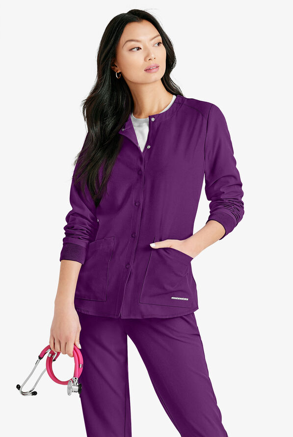 Skechers by Barco Stability Women's 2-Pocket STRETCH Warm-Up Scrub Jacket - Grape - 3