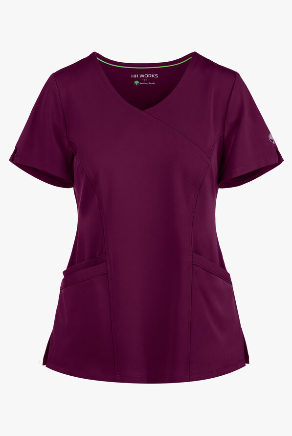 HH Works by Healing Hands Madison Women's 4-Pocket STRETCH Mock Wrap Scrub Top - Wine - 1