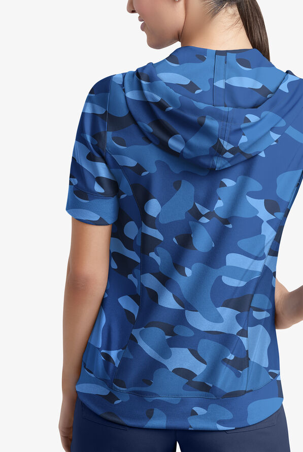 Strictly Scrubs STRETCH Cloud Camo Navy Women's 3-Pocket Short Sleeve Pull-Over Scrub Hoodie - null - 3