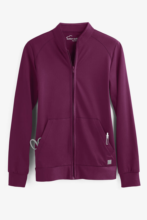 Butter-Soft STRETCH Women's 2-Pocket Technical Knit Zip Front Scrub Jacket - Wine - 1