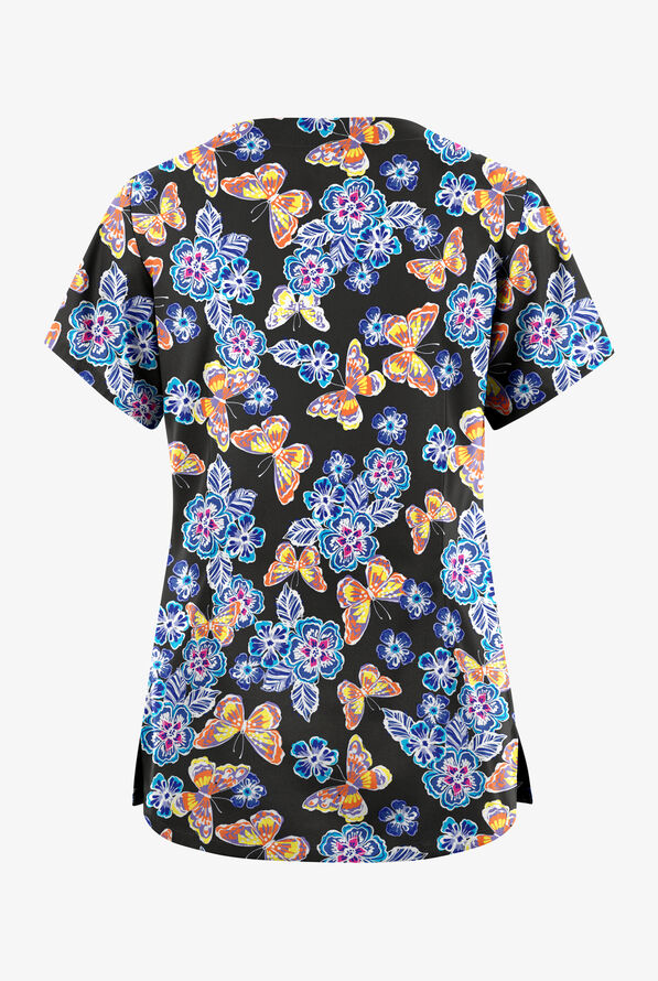 Butter-Soft Originals Spring Day Women's 6-Pocket Scallop Neck Print Scrub Top - null - 2