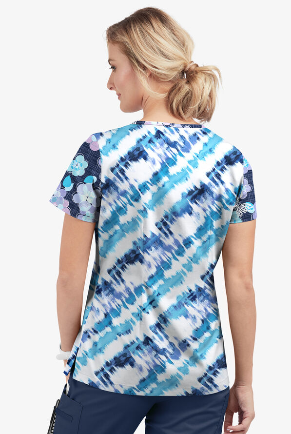 Butter-Soft STRETCH Bloom Butterflies & Belize Ikat Womens 4-Pocket Crisscross Mixed Print Scrub Top - null - 2