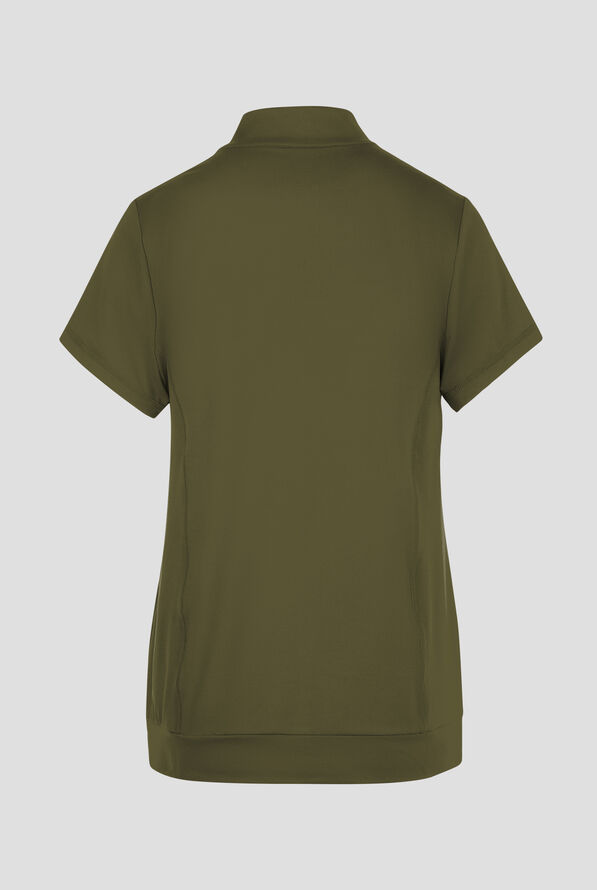Barco One Performance Knit Vigor Women's 3-Pocket STRETCH Banded Bottom Zip Mock Neck Scrub Top - Olive - 2
