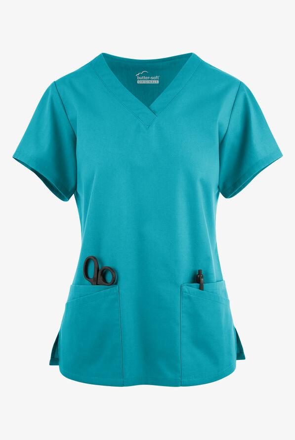 Blusa médica Butter-Soft Originals con cuello en V y 6 bolsillos para mujer - Teal - 1