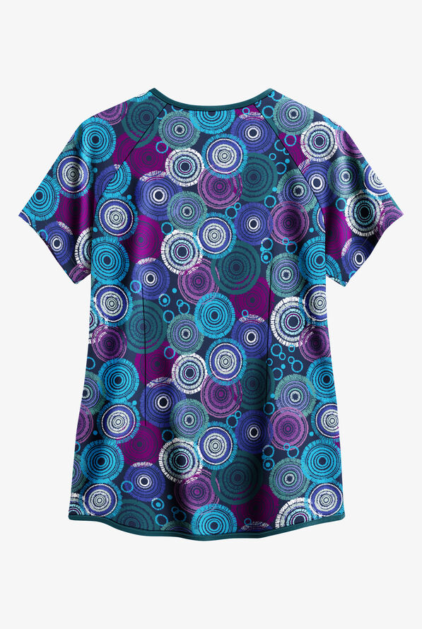 Easy STRETCH Mandala Tapestry Navy Women's Raglan 4-Pocket V-Neck Mock Wrap Print Scrub Top - null - 2