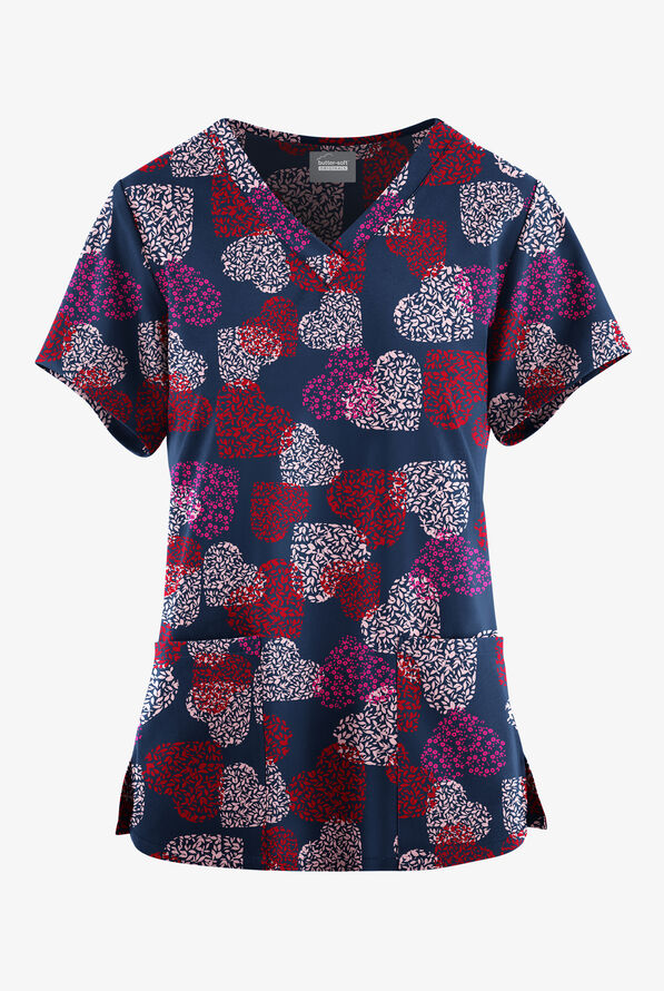 Butter-Soft Originals Power Of Love Navy Women's 4-Pocket Rounded V-Neck Print Scrub Top - null - 1